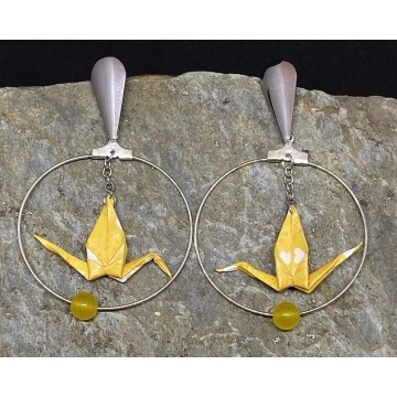 Créoles en acier inoxydable argent avec grue en origami et perles en agate