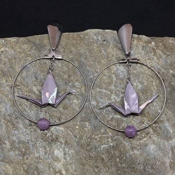 Créoles en acier inoxydable argent avec grue en origami et perles en améthyste