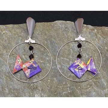 Créoles en acier inoxydable argent avec poisson en origami et perles en cristal