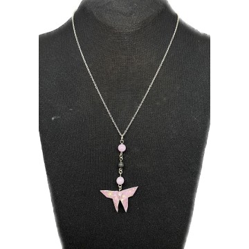 Collier chocker en acier inoxydable avec un papillon en origami et des perles de lave et d'angélite mauve