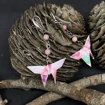 Boucles d'oreilles en alliage de laiton avec papillon en origami et perles en  rhodonite