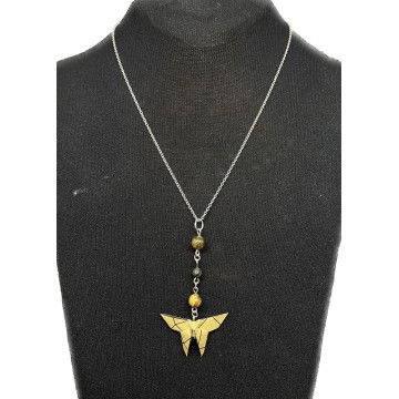 Collier chocker en acier inoxydable avec un papillon en origami et des perles de lave et d'oeil de tigre
