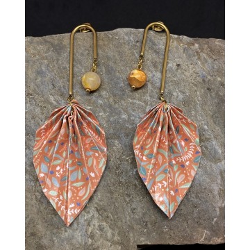 Boucles d'oreilles en acier inoxydable or avec feuilles en origami et perles en agate de feu