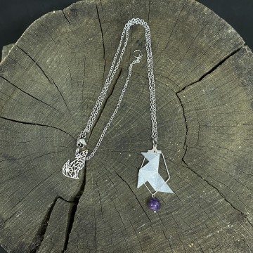 Collier ras de cou en acier inoxydable argent, papier calque vernis et perle en améthyste