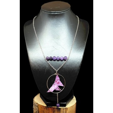 Collier en acier inoxydable argent, papier vernis violet et perles en améthyste