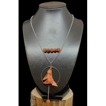 Collier en acier inoxydable argent, papier vernis orange et perles en cornaline