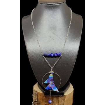Collier en acier inoxydable argent, papier vernis marine et perles en lapis lazuli