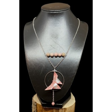 Collier en acier inoxydable argent, papier vernis rose et perles en rhodonite