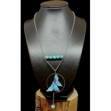 Collier en acier inoxydable argent, papier vernis bleu et perles en turquoise