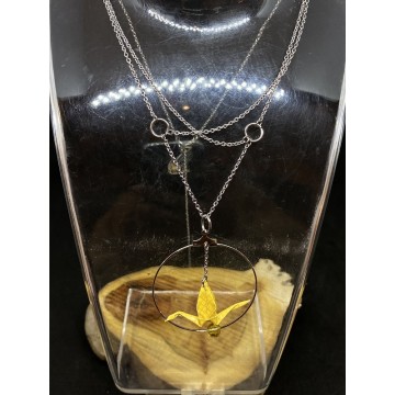 Collier en acier inoxydable argent, papier vernis jaune et perles en citrine