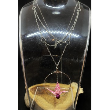 Collier en acier inoxydable argent, papier vernis rose et perle en oeil de tigre rose