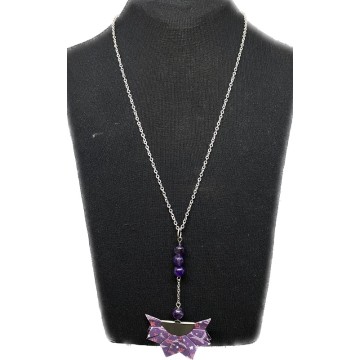 Collier en acier inoxydable argent, papier  violet vernis et perles en améthyste