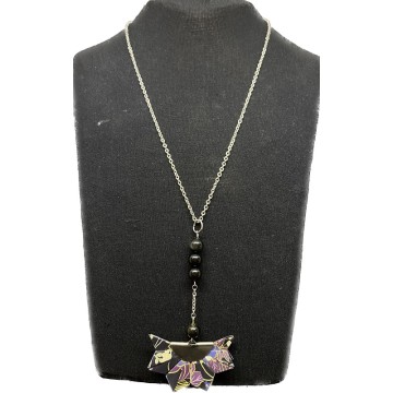 Collier en acier inoxydable argent, papier  vernis noir et perles en obsidienne