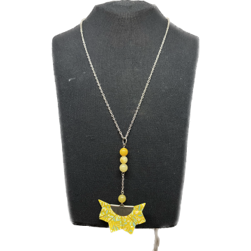 Collier en acier inoxydable argent, papier  vernis jaune et perles en topaze