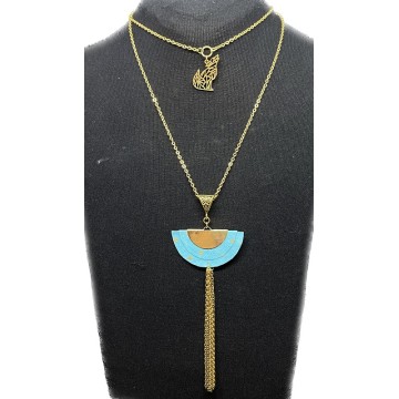 Collier en acier inoxydable or et papier vernis turquoise