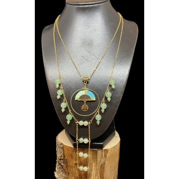 Collier en acier inoxydable or, papier vernis vert et perles en aventurine