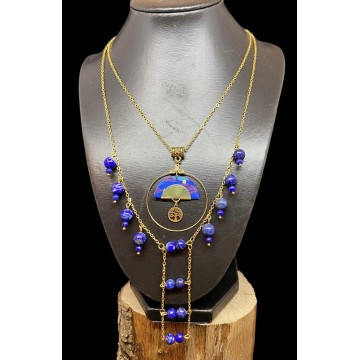 Collier en acier inoxydable or, papier vernis marine et perles en lapis lazuli