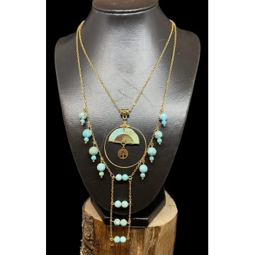 Collier en acier inoxydable or, papier vernis bleu et perles en turquoise